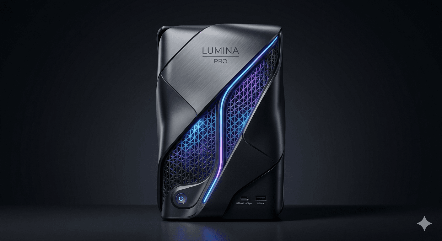 Lumina Pro console with brushed metal finish and purple-blue LED accent lighting